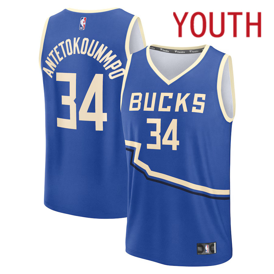 Youth Milwaukee Bucks #34 Giannis Antetokounmpo Fanatics Royal City Edition 2024-25 Fast Break Player NBA Jersey